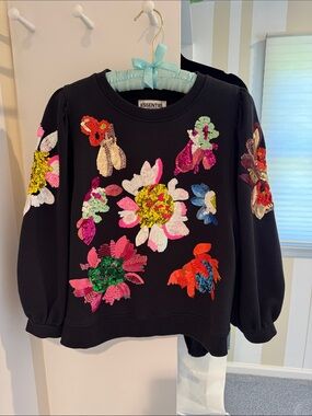 ESSENTIEL Black Cotton Sweatshirt  with Floral Sequin and Bead Embroidery